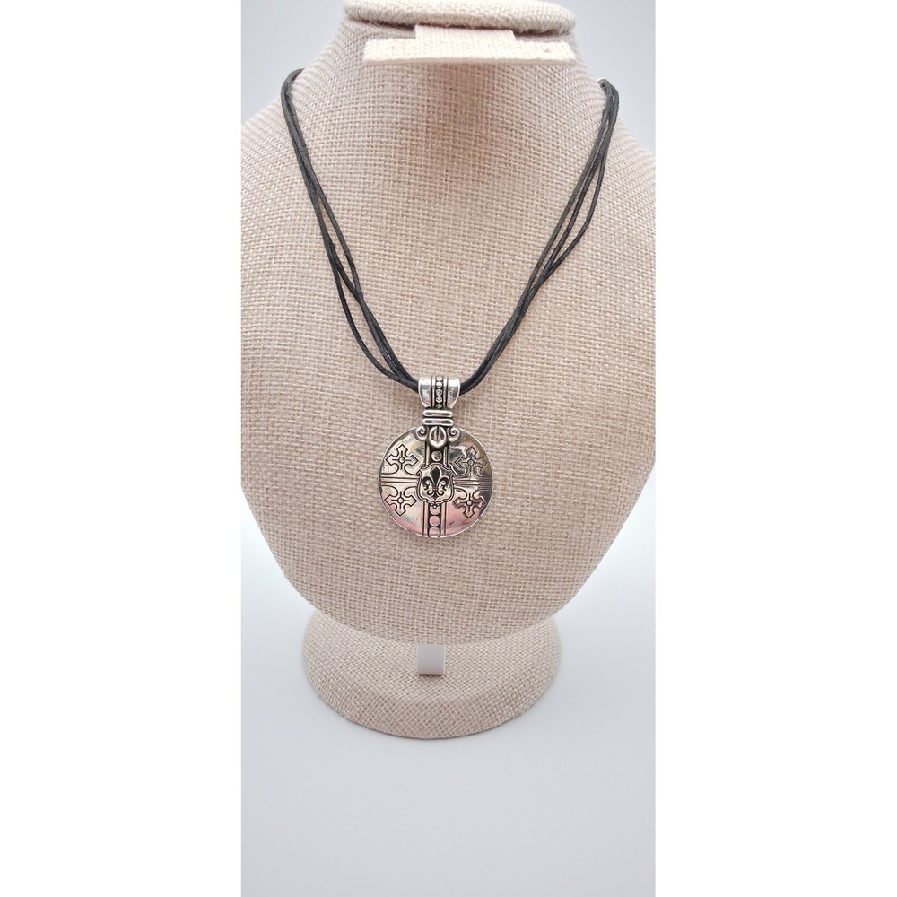 Vtg BRIGHTON Fleur De Lis Necklace Reversible Medallion Silver Plate Black Cord